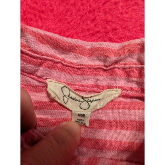 Jessica Simpson Girls 8 Pink Striped Linen Blend Roll Tab Button Shirt Top - Picture 3 of 4